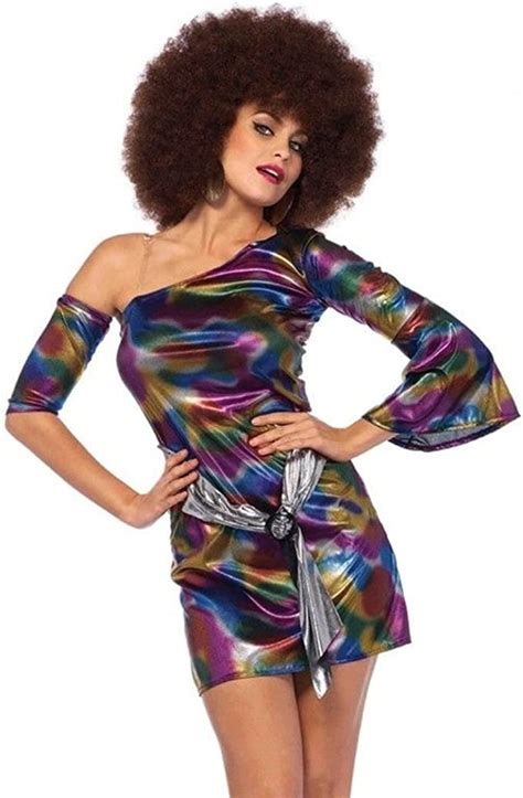 Womens Disco 70s Colorful Dress Outfit Adult Halloween Party Costume