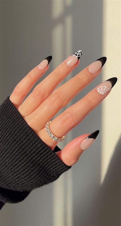 50 Best Halloween Nails 2022 Black French Nails With Spider Web 1