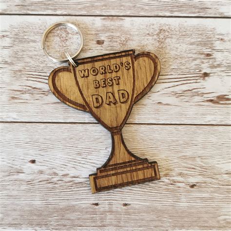 Worlds Best Dad Trophy Engraved Wooden Keyrings Keychain Daddy Etsy