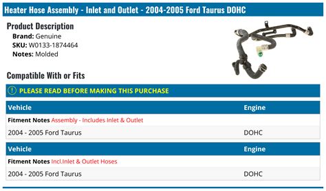2004 2005 Ford Taurus Heater Hose Genuine W0133 1874464