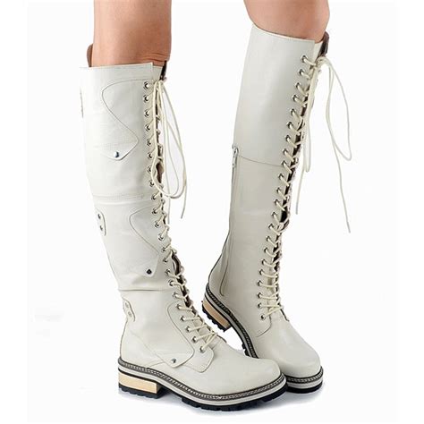 white genuine leather women knee high boots fashion lace up flats dress shoes woman winter new