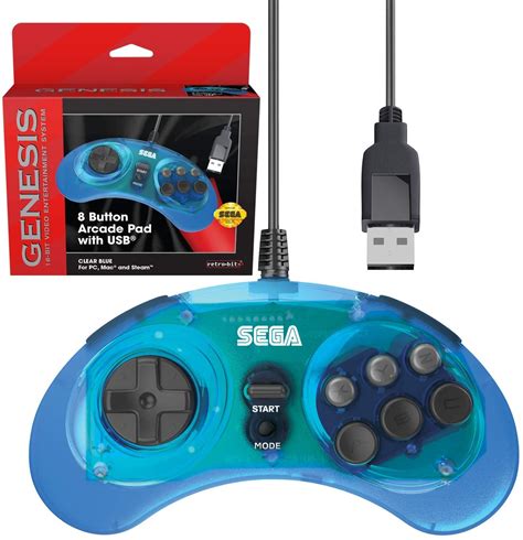 Retro Bit Sega Genesis 8 Button Arcade Pad With Usb Clear Blue