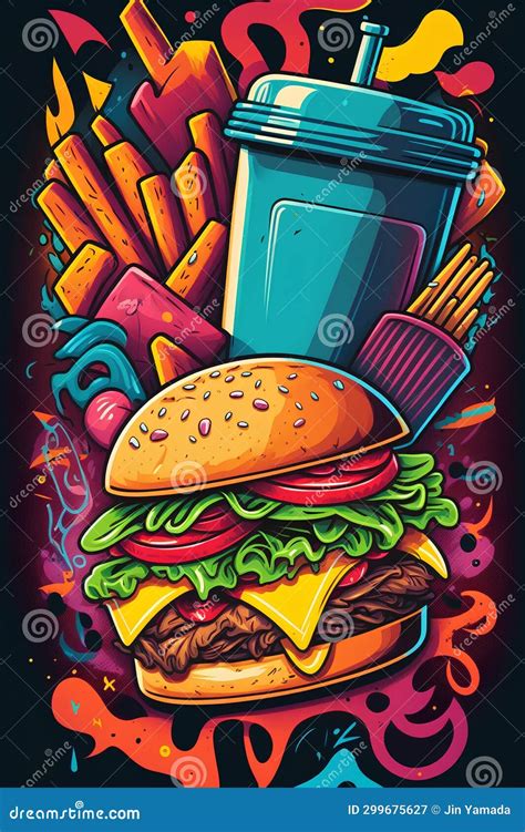 Fast Food Poster With Hamburger And French Fries Vector Illustration Stock Illustration