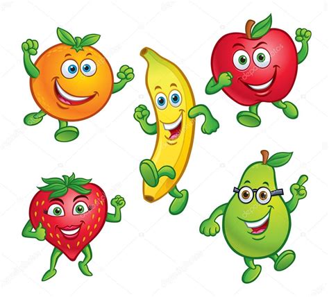 Cinco Personajes De Fruta De Dibujos Animados — Foto De Stock