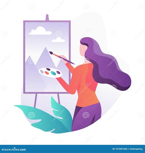 Woman Artist Standing At The Easel And Painting Stock Vector