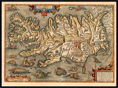 vintago old map of iceland islandia 1542 island sea monsters posters and prints