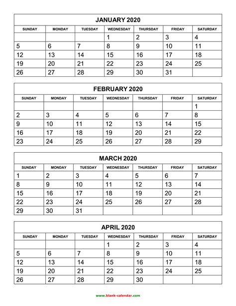2020 Calendar 4 Months Per Page Printable Example Calendar Printable