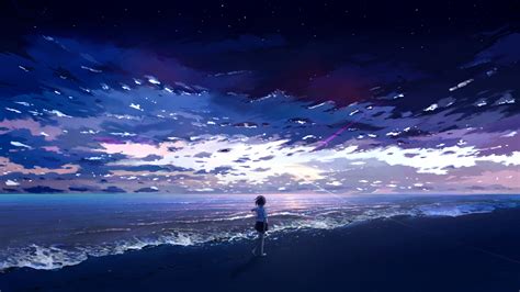 Download Anime Girl Seashore Beach Art Wallpaper 2560x1440 Dual