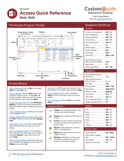 Microsoft Access Cheat Sheet Click The Topic Links For Free Lessons