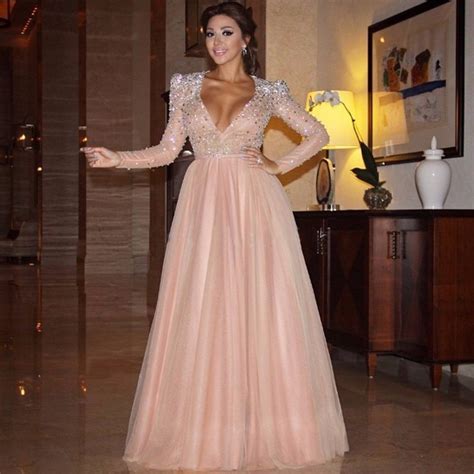 Seductive Beading Crystal Long Sleeve Peach Prom Dresses 2017 Floor Length V Neck Evening Dress