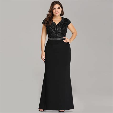 Ever Pretty Black Plus V Neck Fishtail Formal Gown Long Bead Evening