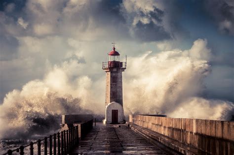 Landscape Lighthouse Pier Wave Splash Storm Drops
