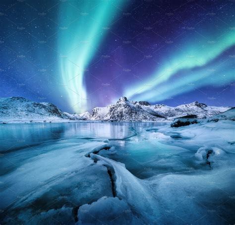 Night Winter Landscape With Aurora Stock Photo Containing Aurora And