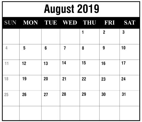 August 2019 Calendar Blank Calendar Printables Calendar Template