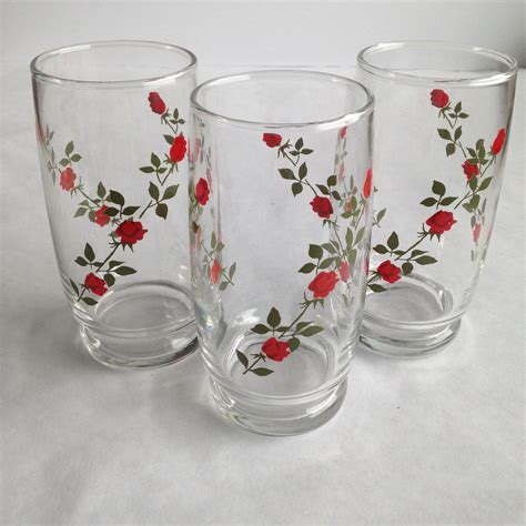 Red Rose Drinking Glasses Set Of 3 1970s Vintage Drink Glasses Set Red Roses