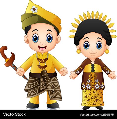 Cartoon Malaysia Couple Wearing Traditional Costum