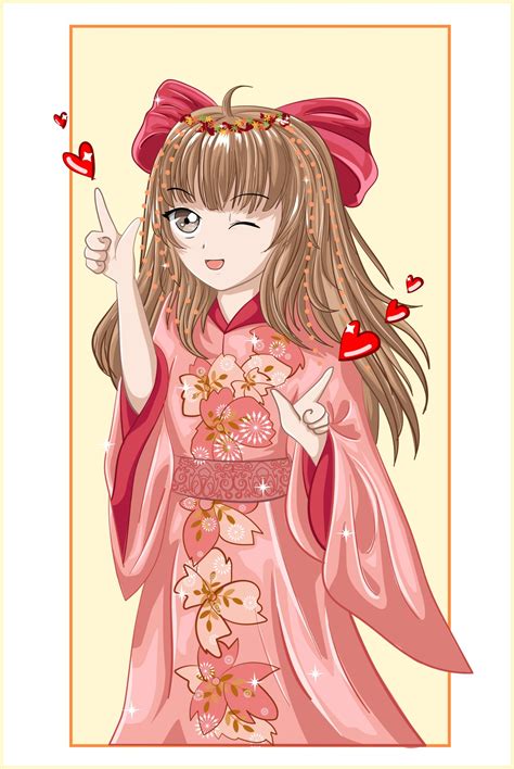 Beautiful Anime Girl With Brown Hair Wearing Pink Kimono And Red Hair