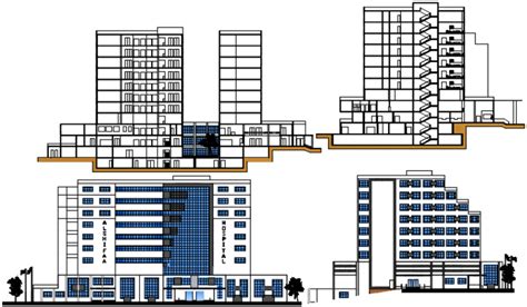 Multi Story Hospital Building Main Elevation And Section Cad Drawing