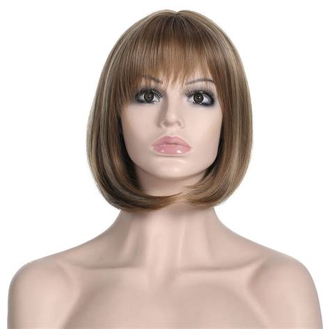 Similler Women Yaki Straight Short Bob Afro Wigs With Flat Bangs Highlights Synthetic Hair