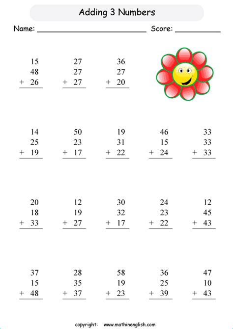 Adding Three Double Digit Numbers Worksheet