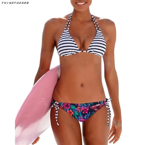 Bikinis Women Print Floral Swimsuits Brazilian Push Up Halter Bikini