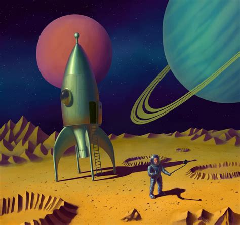 Rocket At The Moon And Selfie Sci Fi Rocket Art Illustration Painting