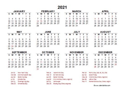 2021 Year At A Glance Calendar With Canada Holidays Free Printable