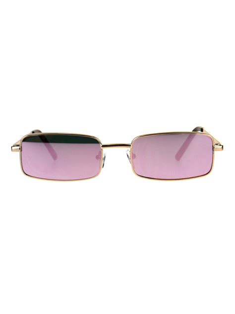 Mens Retro Vintage Narrow Rectangular Og Mirror Lens Sunglasses Gold Pink