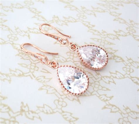 Rose Gold Cubic Zirconia Teardrop Earrings Gifts For Her Etsy