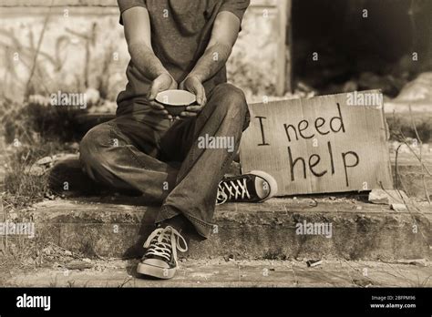 Poverty Concept Poor Man Begging For Money On Street Stock Photo Alamy