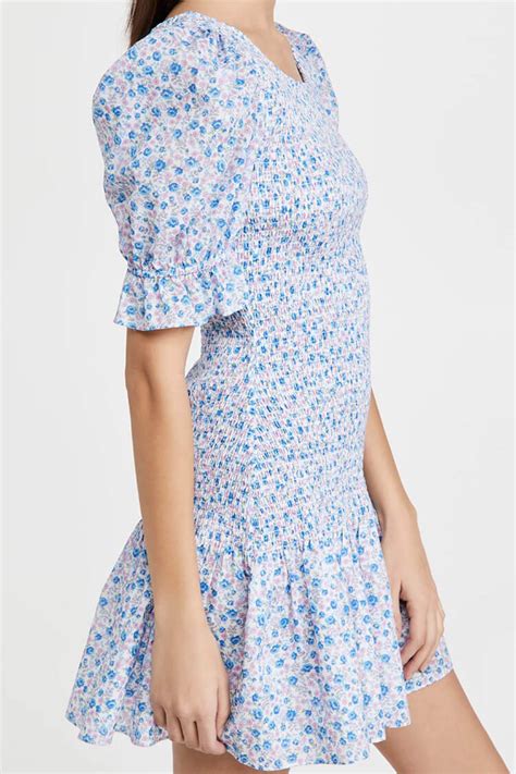 Puff Sleeve Ditsy Floral Smocked Summer Mini Dress Blue Rosedress