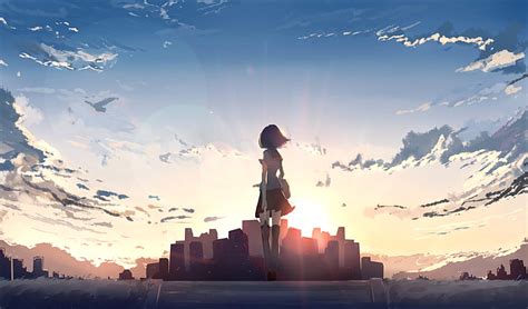 Hd Wallpaper City Anime Girls Sunset Sky Clouds Standing School