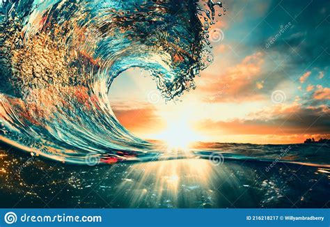 Sunset Ocean Surfing Wave Lip Against Sunlight Stock Image Image Of