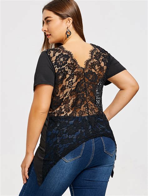 Buy Gamiss Plus Size Asymmetrical Lace T Shirt Black Sexy T Shirts Women T