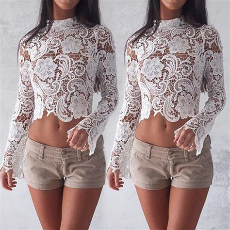 New Fashion Women Ladies Summer Turtleneck Long Sleeves Tops Sexy Lace