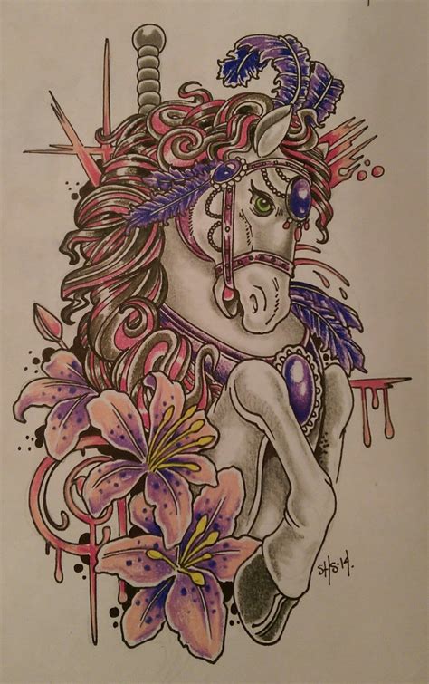 In this case, this piece has a mixture of techniques that give this horse tattoo an effect of coming out of the chest, what a way to show the freedom to express oneself! disney carousel tattoo - Google Search | Horse tattoo ...