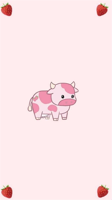 Download A Pink Cow With Strawberries Around It Wallpapers Com