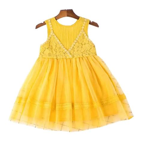 New 2018 Summer Sleeveless Yellow Toddler Clothes Princess Girl Lace