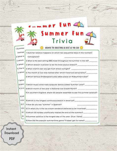 Summer Fun Trivia Game Summertime Game Summer Party Game Etsy