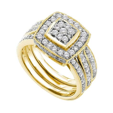 diamond queen 14k yellow gold round diamond cluster womens 3 piece wedding bridal engagement