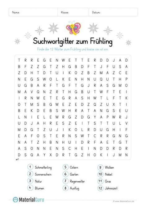 Kreuzworträtsel kostenlos ausdrucken | raetseldino.de. Ein kostenloses Arbeitsblatt zum Frühling, auf dem die Kinder in einer Suchsel 12 Wörter rund um ...