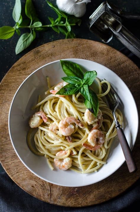 Don't cook with wine you won't drink. Bucatini and Shrimp in Garlic Basil Cream Sauce ...