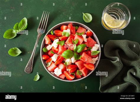 Watermelon Salad With Strawberry Mozzarella Cheese Basil Healthy