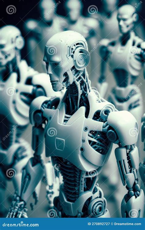 A Group Of Robots Standing In Rows One Robot From All Stock Photo