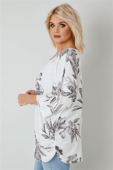 Ivory Grey Floral Print Top With Ruched Sides Plus Size To