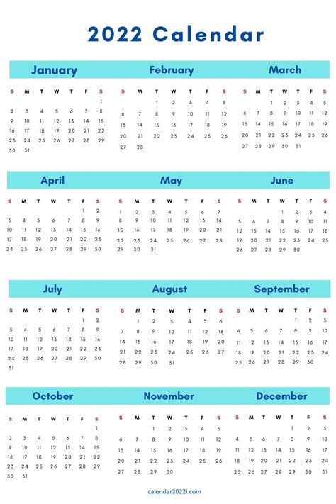 12 Month Calendar Template 2022