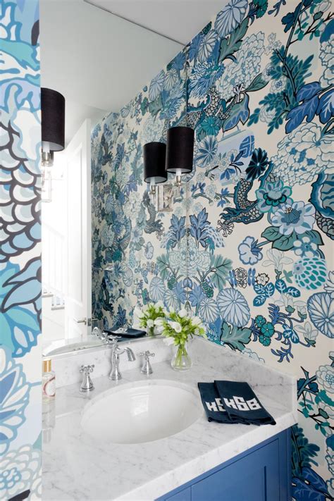 Powder Room With Blue Asian Inspired Wallpaper Hgtv