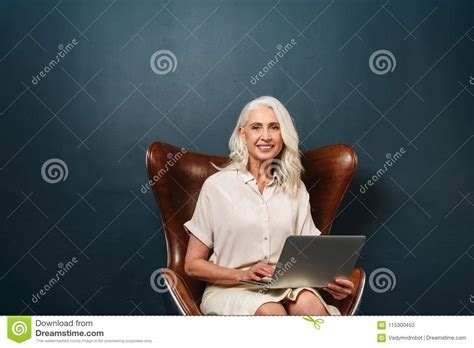 Cheerful Mature Old Woman Using Laptop Computer Stock Image Image Of Person Care 115300453