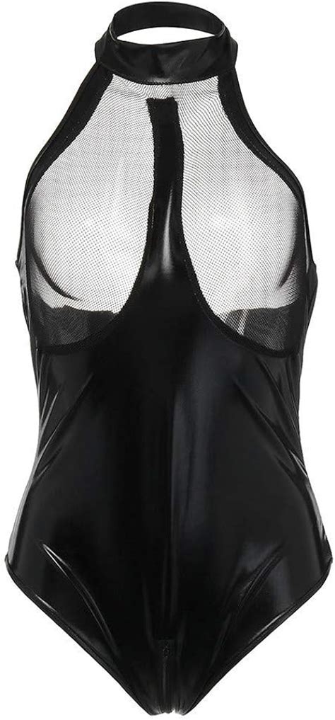 Han Shi Womens Sexy Patent Leather Mesh Splice Lingerie Bodysuit Plus Size Halter