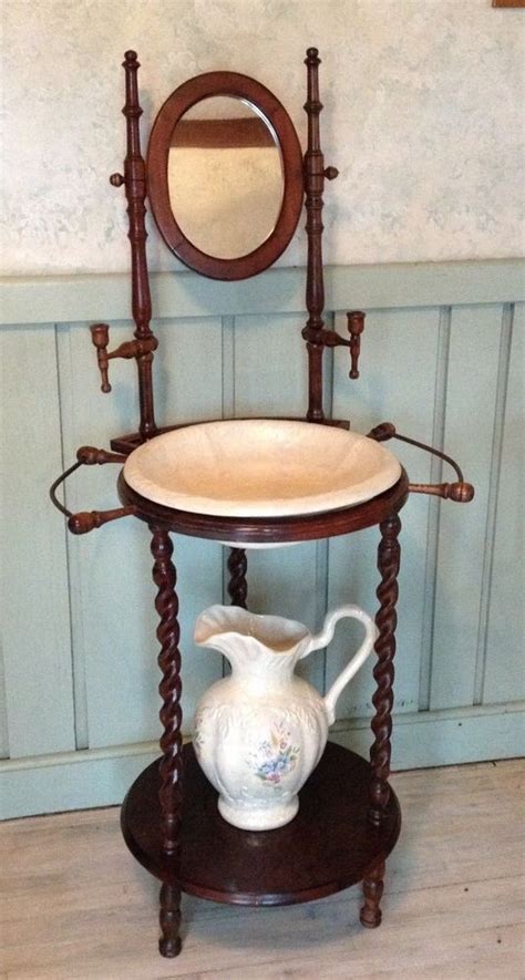 Vintage Woodenware Wash Basin Stand Wmirror Ceramic Matching Pitcher